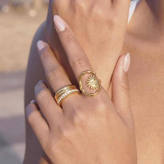 18K Gold Plated Geometric Sun Stainless Steel Ring for Women