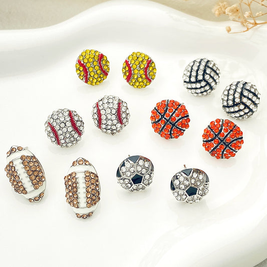 Geometric Round Rhinestone Inlaid Alloy Sports Ball Stud Earrings for Unisex