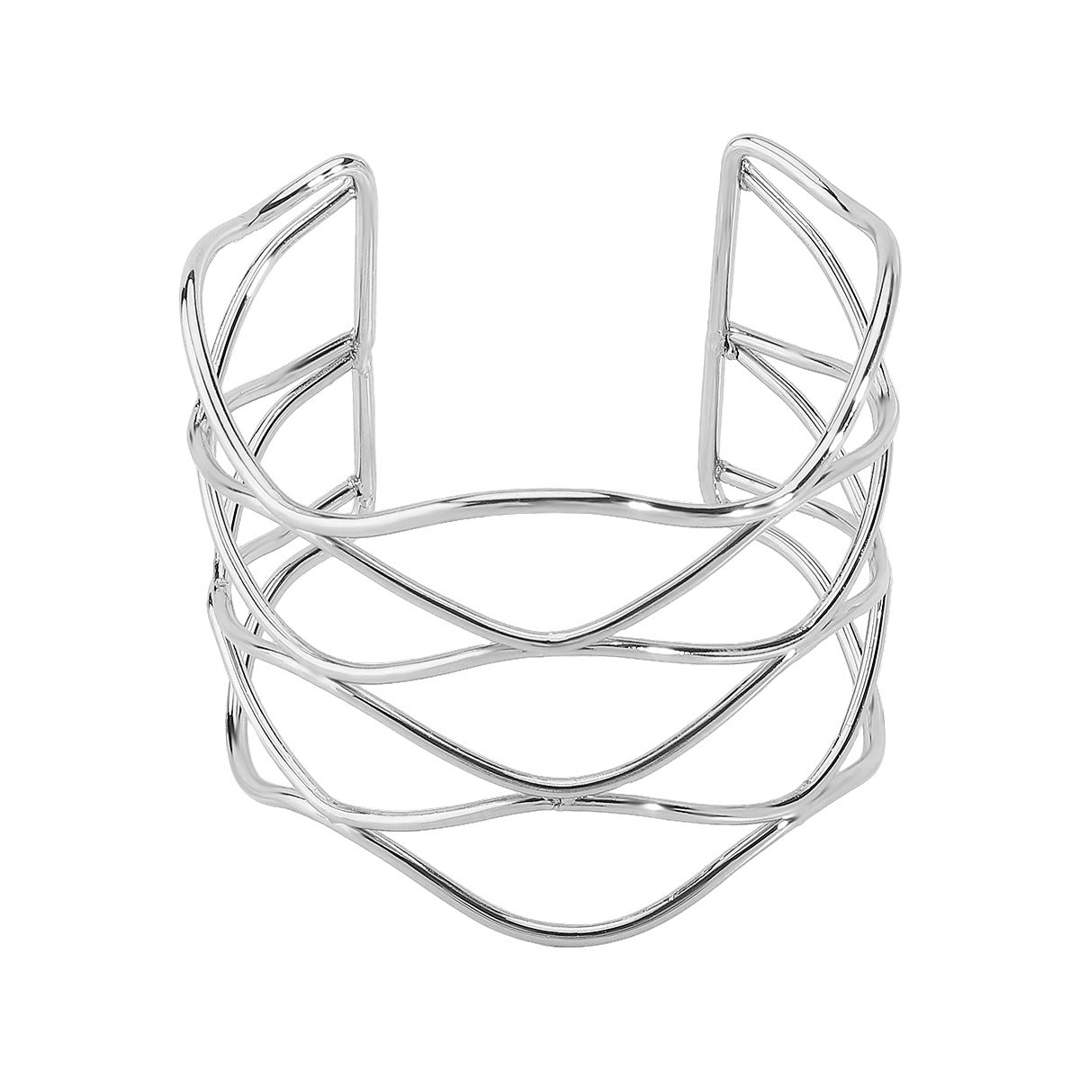 Pulsera de puño abierto geométrica, minimalista y moderna para mujer con textura de malla metálica y acabado galvanizado