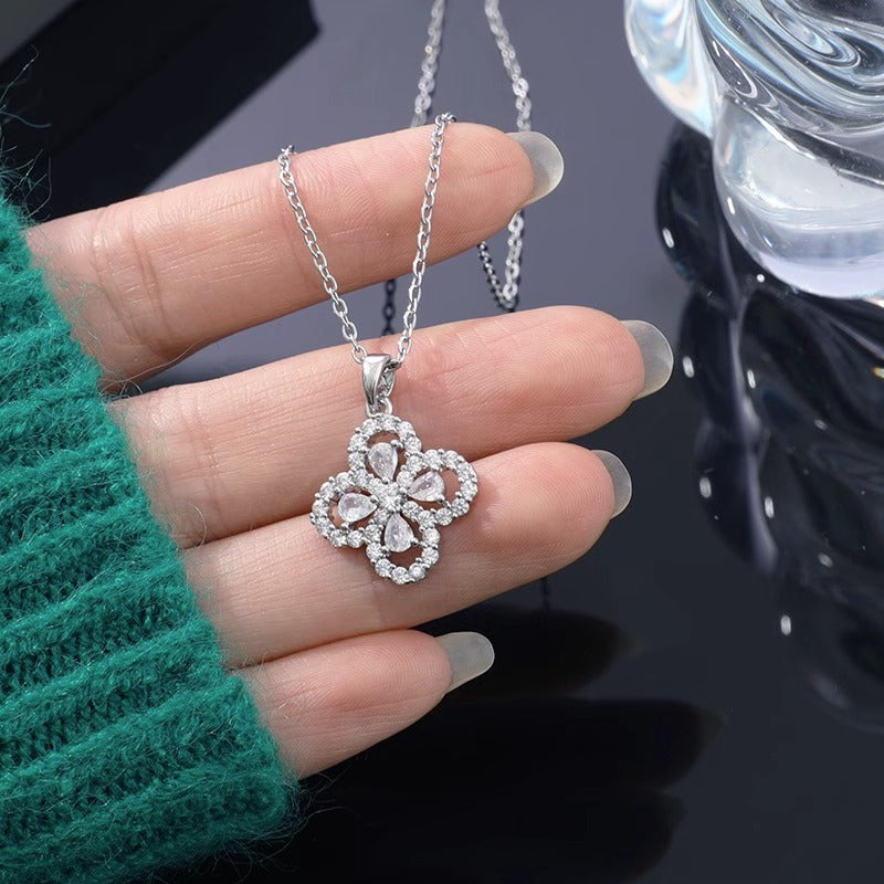 Original Design Four-Leaf Clover Pendant Necklace in Titanium Steel with Rhinestone Inlay, Plated Finish, O-Chain Style for Men