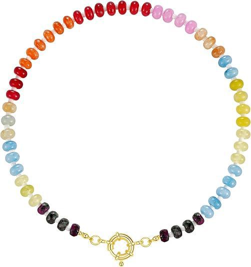 Sweet 8mm Natural Stone Bead Necklace Stainless Steel Geometric Round Ball Chain for Women