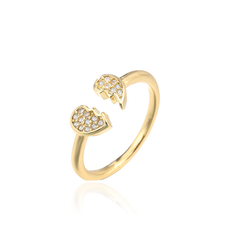 18K Gold Plated Brass Micro-inlay Cubic Zirconia Heart Ring for Women Adjustable