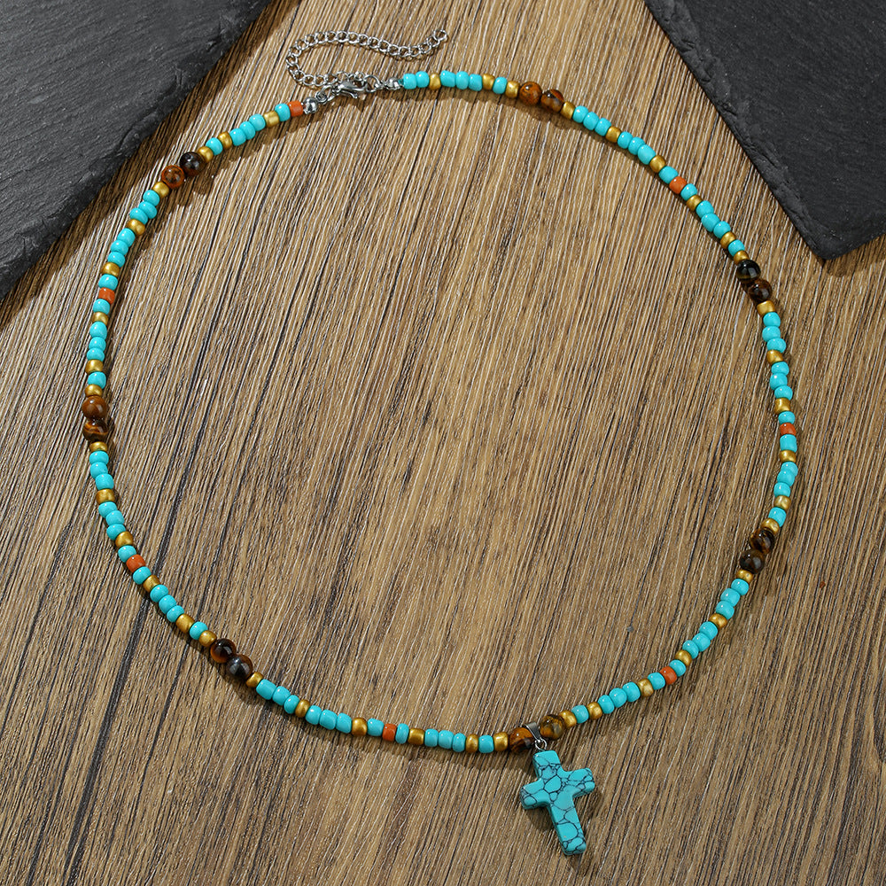 Vintage Ethnic Handmade Turquoise Bull Head Carved Geometric Pendant Necklace with Cable Chain