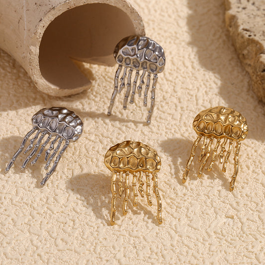 Pendientes de acero inoxidable con forma de medusa, baño de oro de 18 quilates y textura martillada
