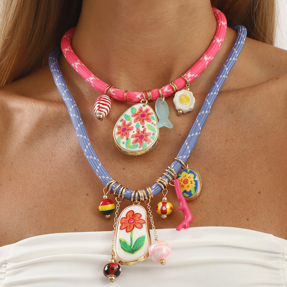 Sweet Floral and Geometric Multi-Pendant Necklace for Women with Resin Pendants, Alloy and Nylon Cord, Handcrafted Braided Chain