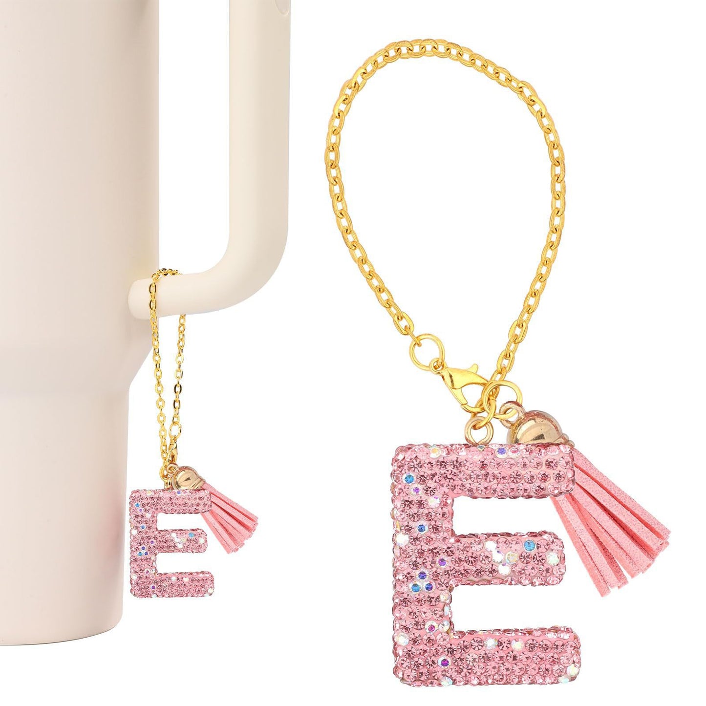 Minimalist Geometric Letter Ceramic Pendant with Gold Adjustable Chain Pink Tassel and Glitter Sequins