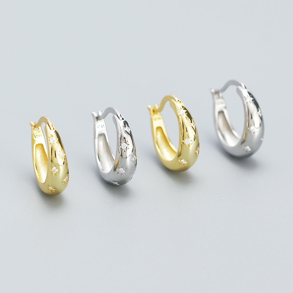 Vintage Minimalist 925 Sterling Silver Polished Round Geometric Hoop Earrings with Cubic Zirconia Inlay