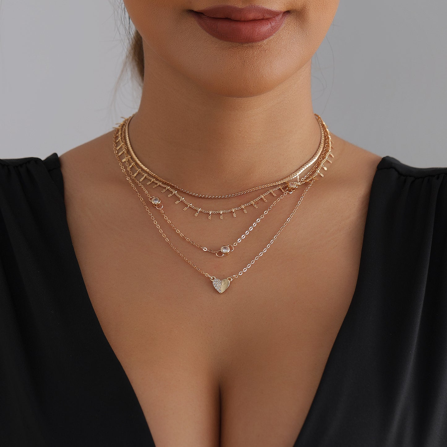 Fashion Multi-Layer Geometric Heart Rhinestone Alloy Plated Tassel Necklace for Women