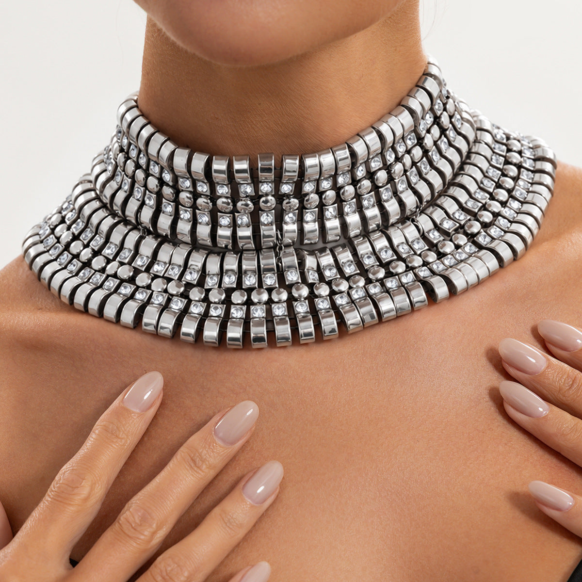Exaggerated Luxury Geometric Square Rhinestone Plated Alloy Multi-layer Necklace for Women