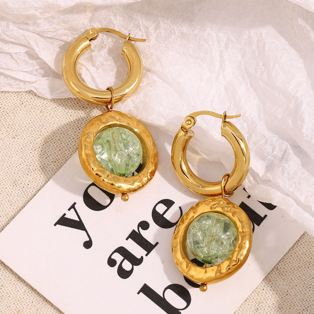 Orecchini alla Moda in Acciaio Inossidabile con Motivo Geometrico, Placcatura in Oro 18K e Ciondolo in Vetro Artigianale da Donna