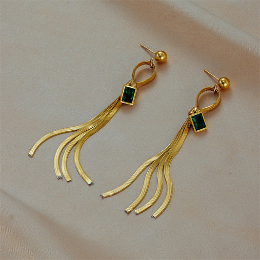 Minimalist Retro Geometric Stainless Steel Earrings with Green Rhinestone Accents and Long Tassel Dangle Design