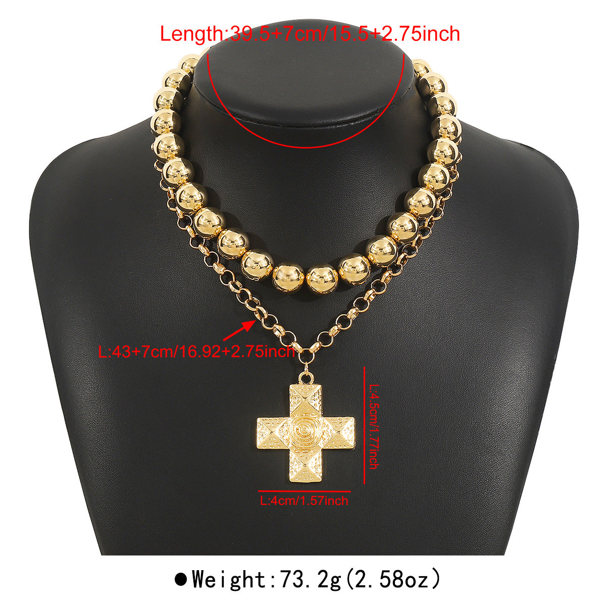 Collar con colgante de cruz vintage artístico minimalista para mujer, de aleación con incrustaciones de diamantes de imitación en cadena de bolas