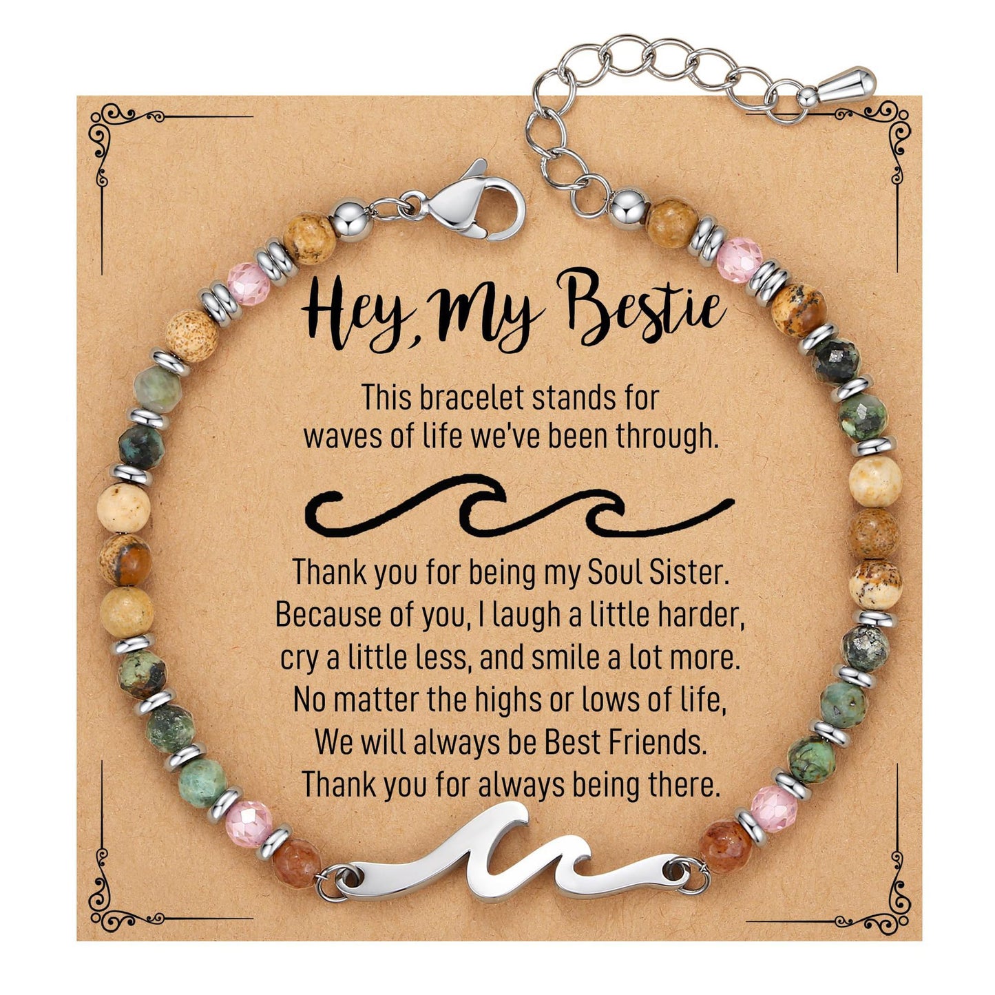 4mm Natural Stone Beaded Stainless Steel Wave Bracelet for Women