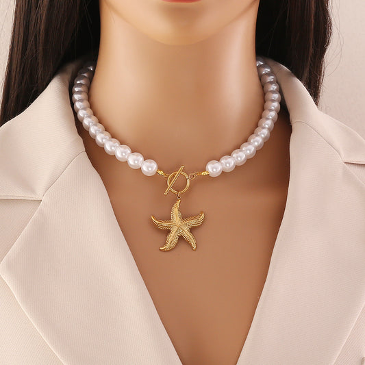 Collana con ciondolo a stella marina e conchiglia in acciaio inossidabile, alla moda, a tema oceanico, da donna, con delicata finitura perla