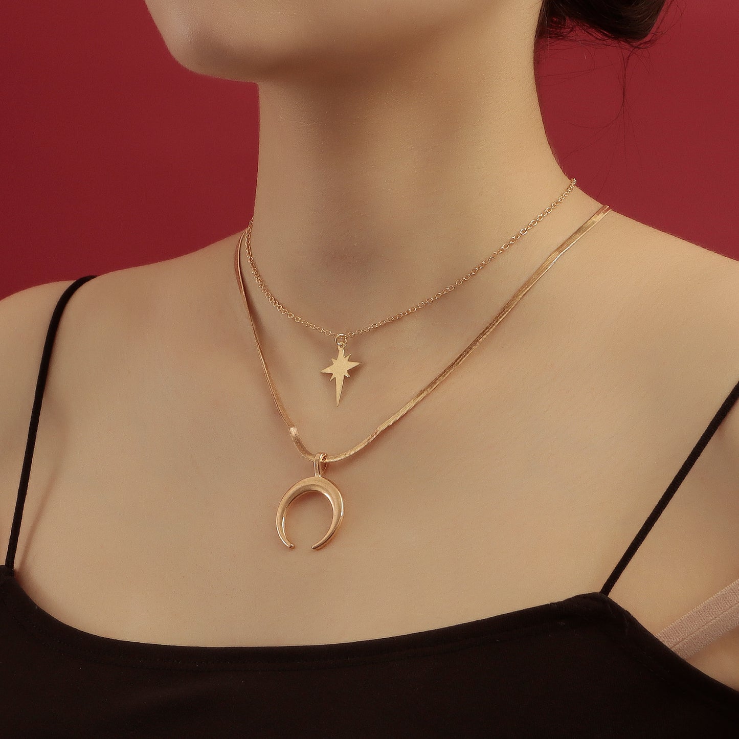 Fashionable Geometric Moon and Cross Pendant Necklace for Women with Triple-Layer Flat Snake Chain and Electroplated Alloy Finish