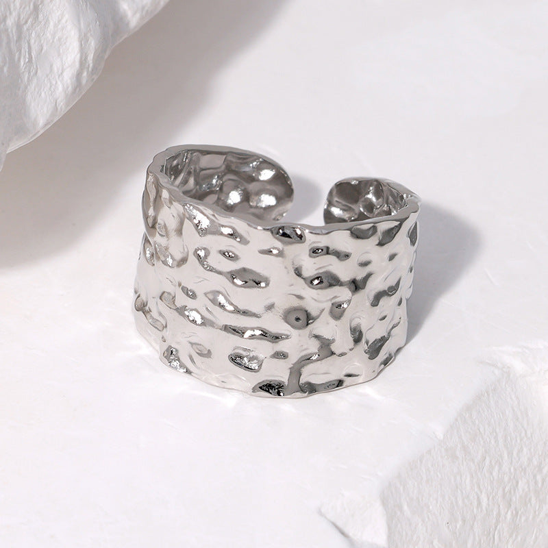 Minimalist Irregular Hammered Texture Titanium Steel Open Ring for Women with 18K Gold Plating