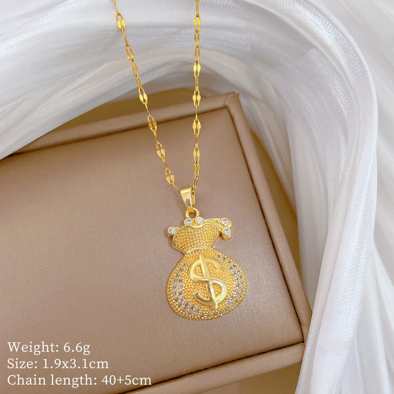 Sweet Geometric Rhinestone Money Bag Pendant Necklace Titanium Steel Cable Chain for Women and Men
