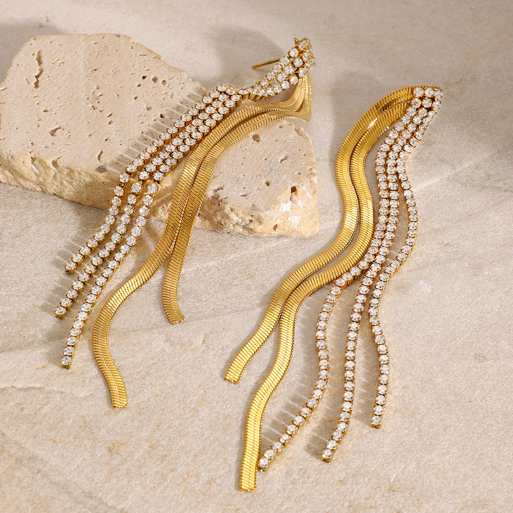 Pendientes colgantes geométricos de acero inoxidable con baño y detalles de diamantes de imitación para mujer