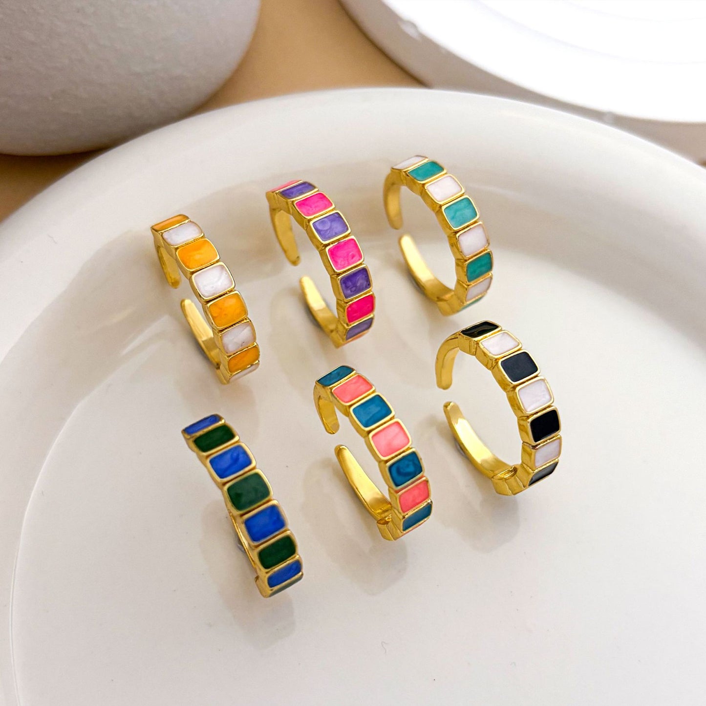 Minimalist Sweet Square Geometric Enamel Gold Plated Brass Ring for Women Adjustable