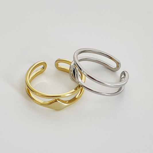 Anillo de Plata de Ley 925 Minimalista Elegante Asimétrico Geométrico de Doble Capa para Mujer