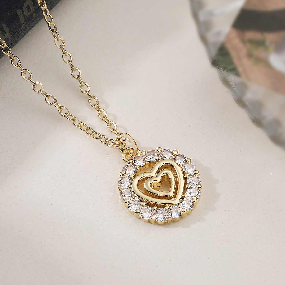 Minimalist Elegant Gold Plated Brass Heart Moon Geometric Pendant Necklace with Cubic Zirconia for Women
