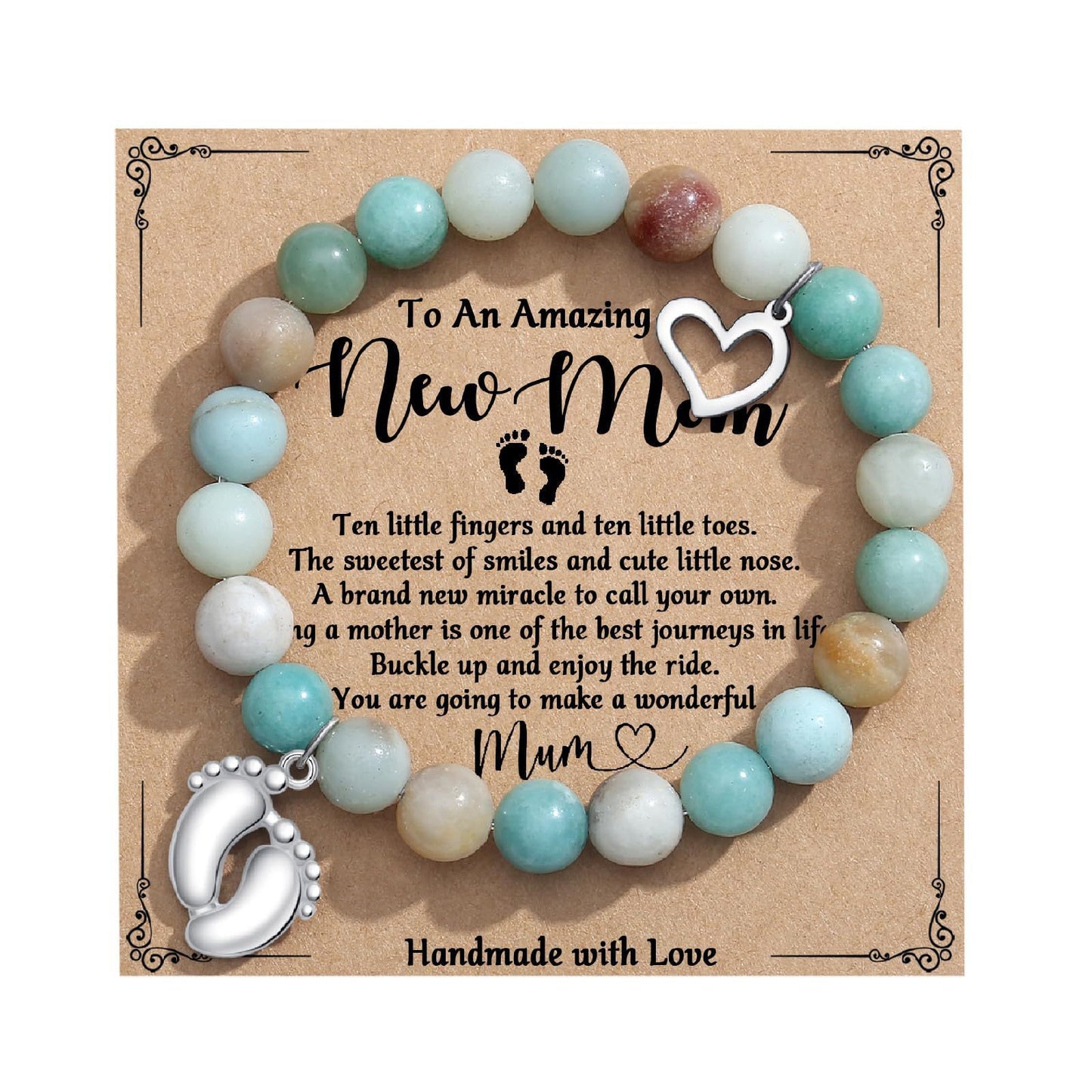 8mm Pink Zebra Agate and Imperial Turquoise Floral Heart Bracelet with Gemstone Inlay Unisex Handmade Jewelry