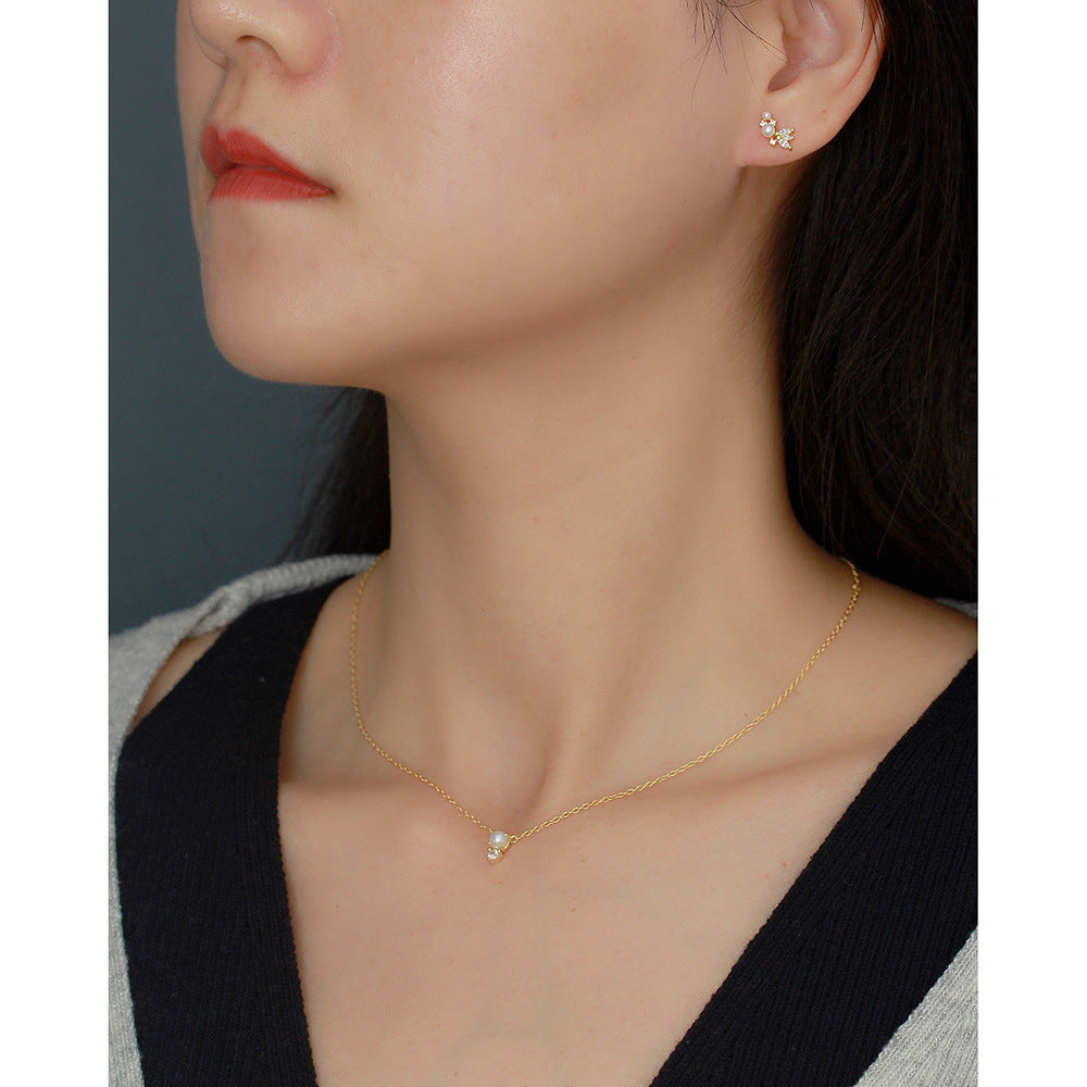 Collana da donna a catena maglia barbazzale placcata in argento sterling 925 con perla rotonda geometrica e diamante, stile minimalista