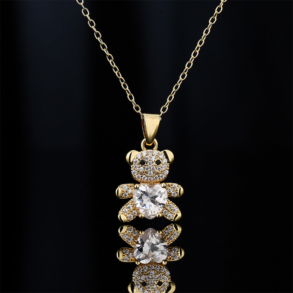 Cute Bear-Shaped Pendant Necklace in Copper with Micro-Paved Zirconia, Heart Design, Minimalist Style