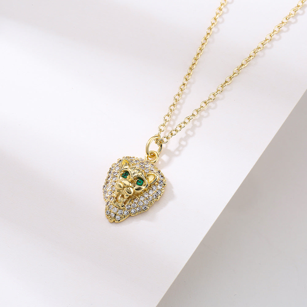 Geometric Lion Leopard Head Pendant Necklace in Copper with Real Gold Plating and Zircon Inlay for Unisex Hip Hop Style