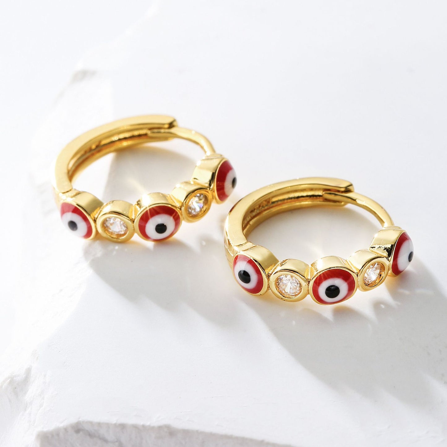 Geometric Demon Eye Earrings for Women with Copper Base Plated in Real Gold and Micro-Paved Zirconia with Enamel Finish