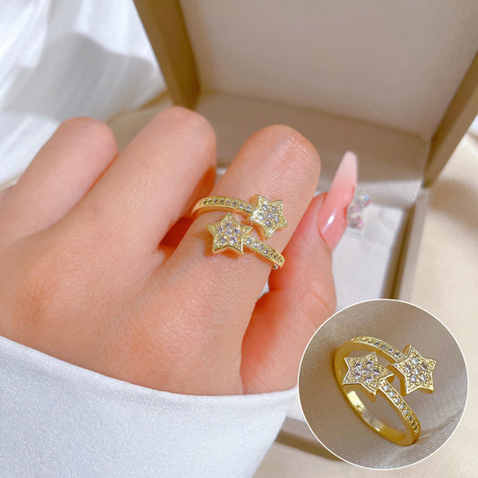 Gold-Plated Brass Open Five-Point Star Ring with Micro-Pave Setting Luxury Minimalist Finger Ring for Women
