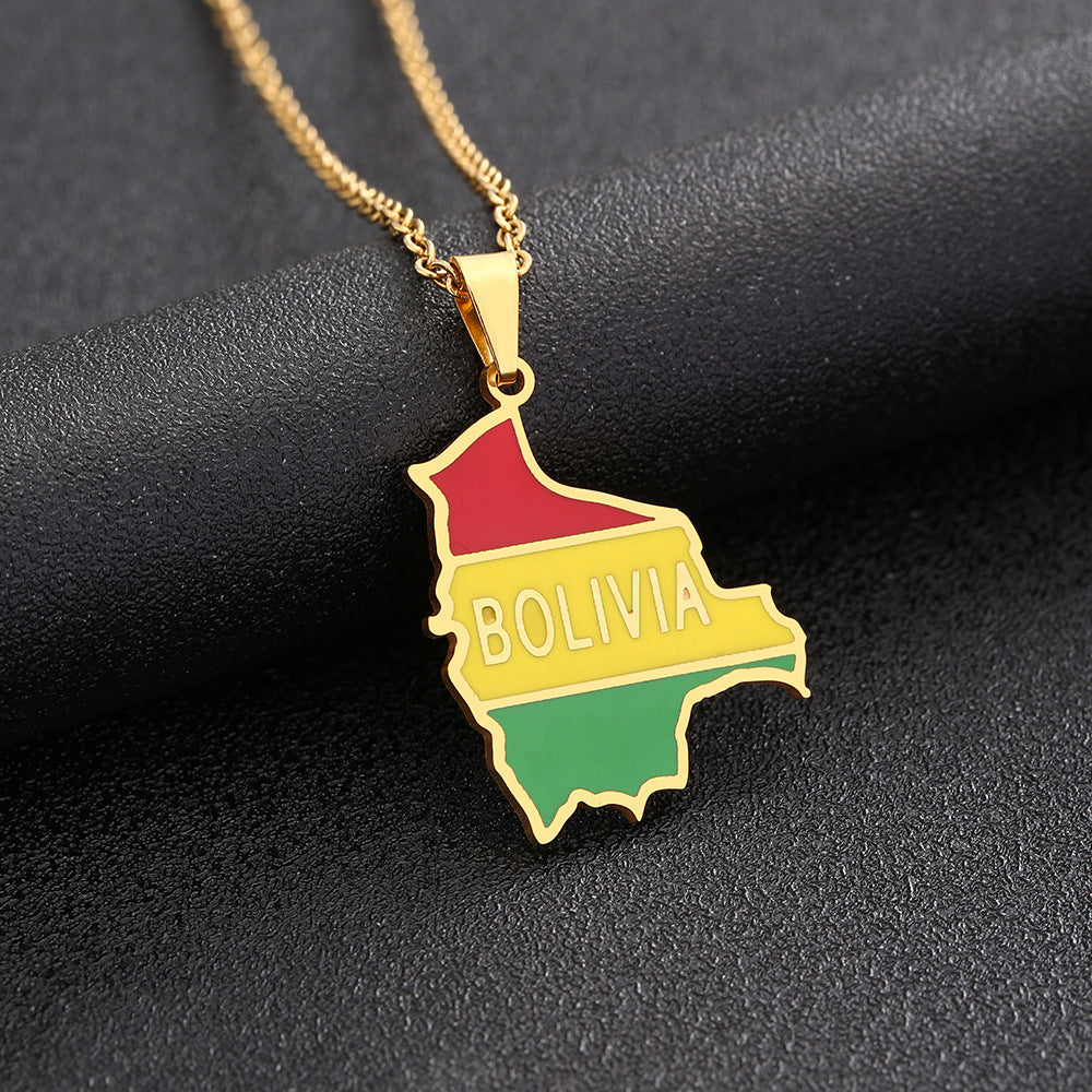Collana con ciondolo a mappa geometrica etnica della Bolivia in acciaio inossidabile con charm in acciaio al titanio e finitura galvanica su catena O-ring