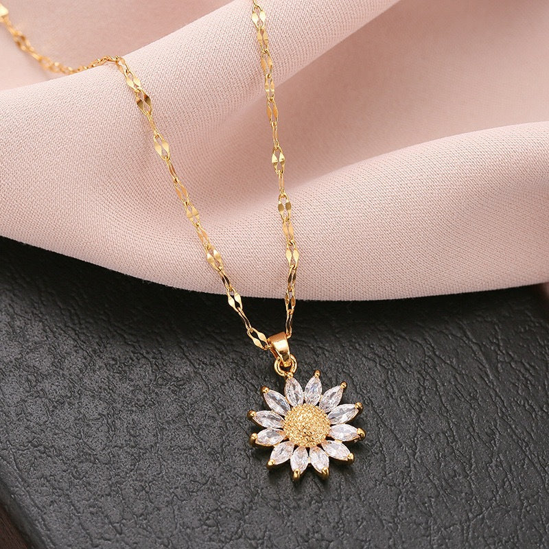 Original Design Sunflower Pendant Necklace for Women in Titanium Steel with Micro-Pave White Zirconia, Irregular Shape Locket Chain