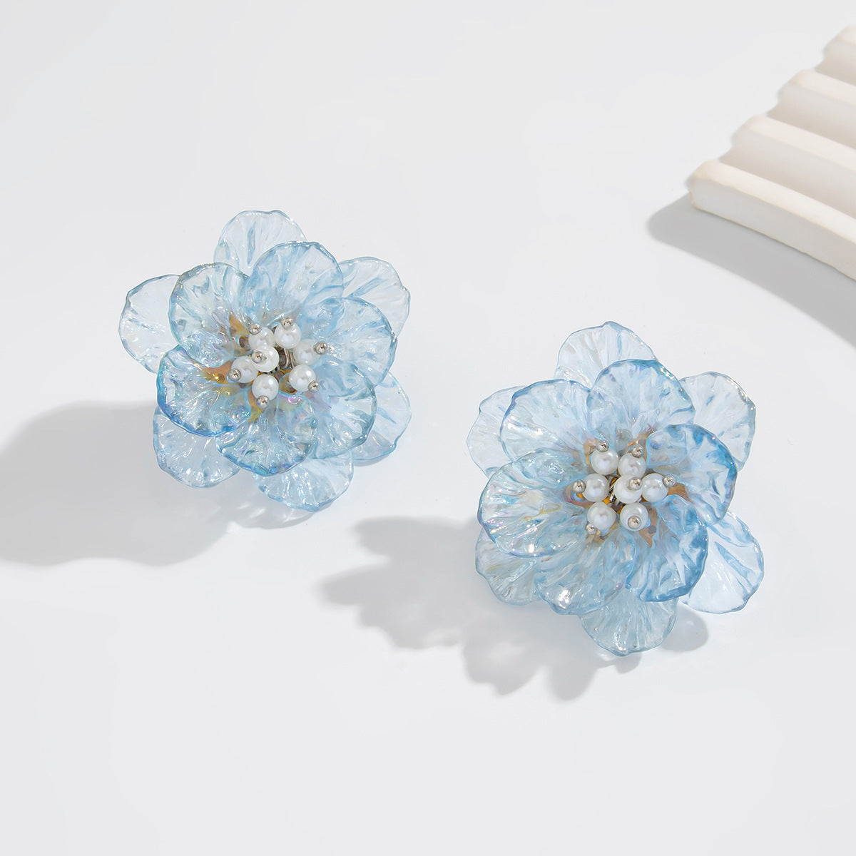 Sweet Iridescent Floral Resin Earrings with Pearl Inlay for Women