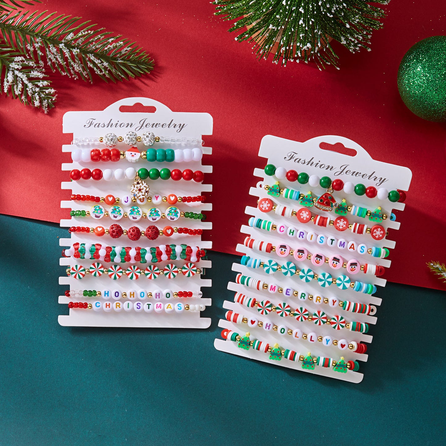 Pulsera de Dijes de Árbol de Navidad y Corazón de Aleación de Zinc Hecha a Mano con Cuentas de Copo de Nieve, Reno y Papá Noel para Mujer