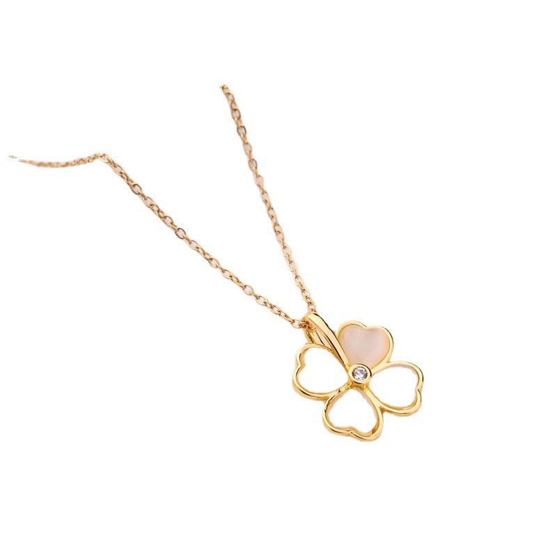 Collana da donna con ciondolo a quadrifoglio in stile naturale, placcata oro 18 carati, in acciaio al titanio