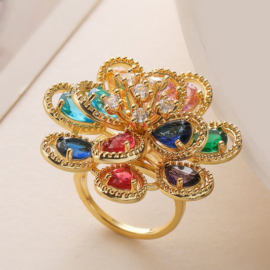 Minimalist Elegant Geometric Floral Brass Ring with Colorful Cubic Zirconia Plated Finish for Women
