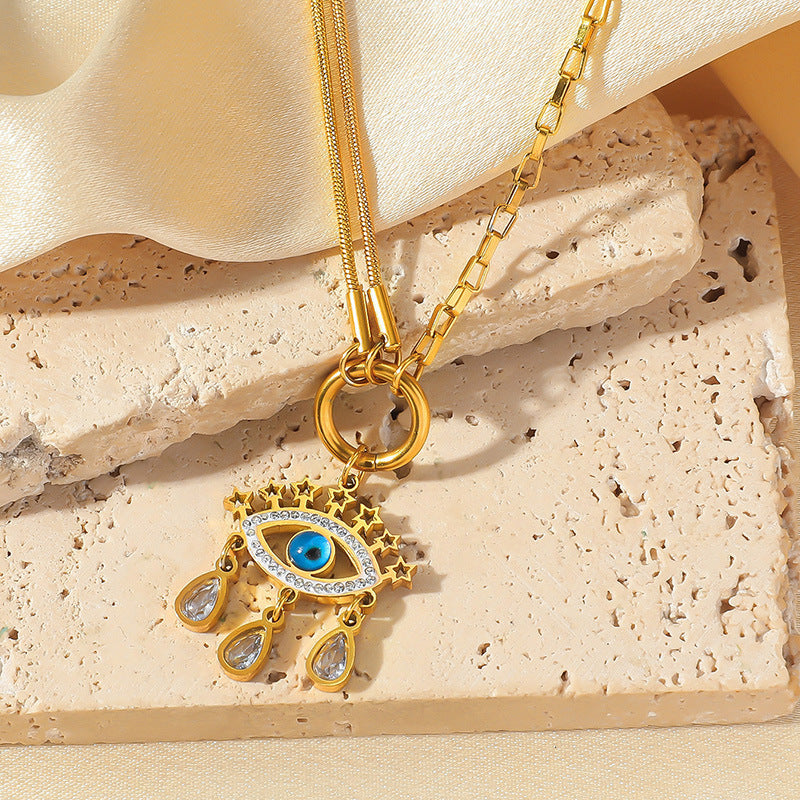 Streetwear Stainless Steel Plated Star Teardrop Pendant with Rhinestone and Tassel Snake Chain Necklace for Women