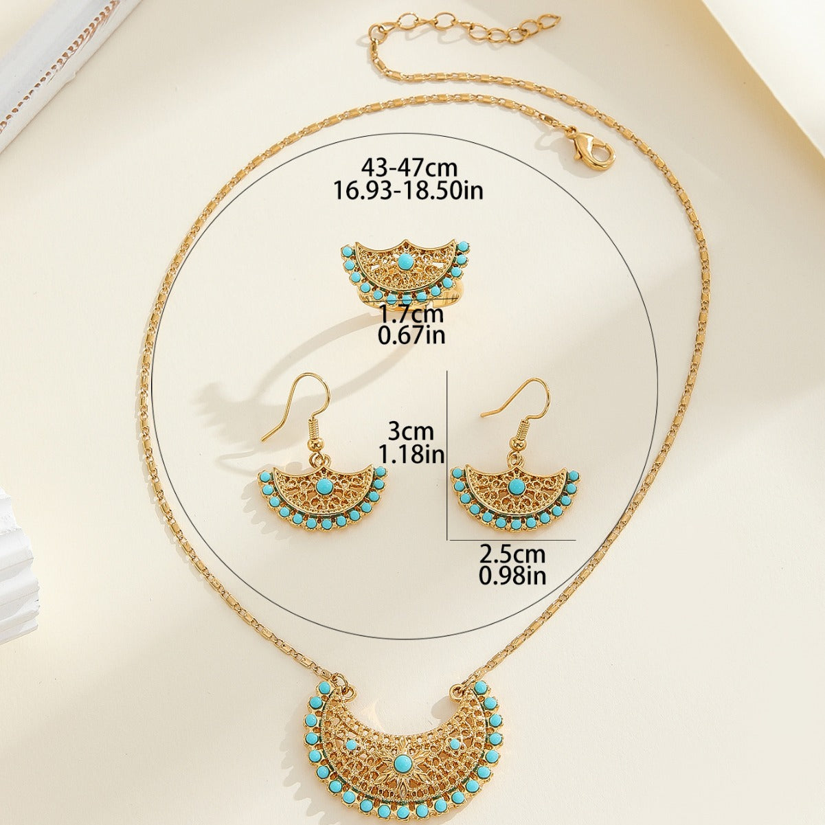 Conjunto minimalista de collar y pendientes de aleación con forma de abanico y acabado chapado, estilo retro americano, para mujer