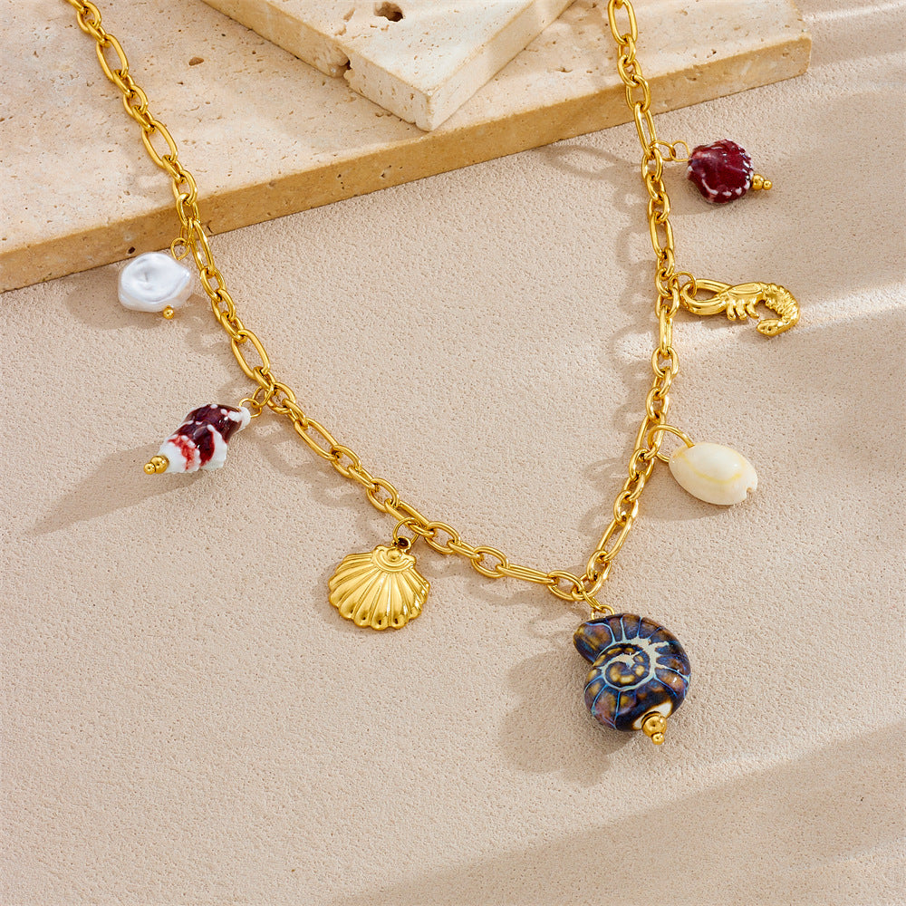 Stainless Steel Plated Star and Shell Pendant Necklace with Cable Chain for Women