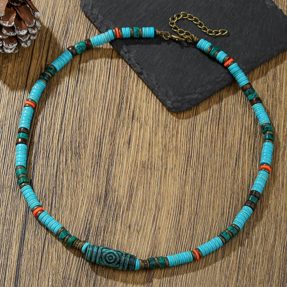 Vintage Geometric Round Stainless Steel Wood Bead Necklace Unisex Cable Chain