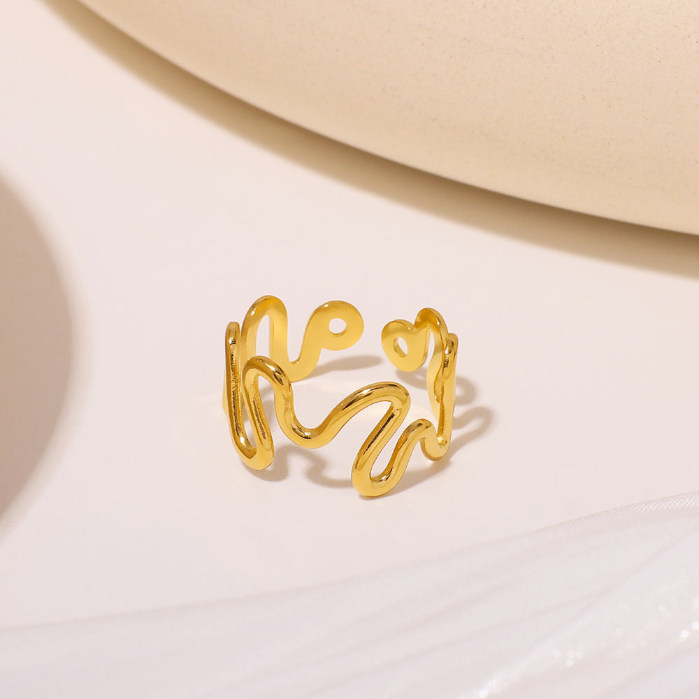 Wavy Line Stainless Steel Ring with 18K Gold Plating Hypoallergenic Minimalist Geometric Design