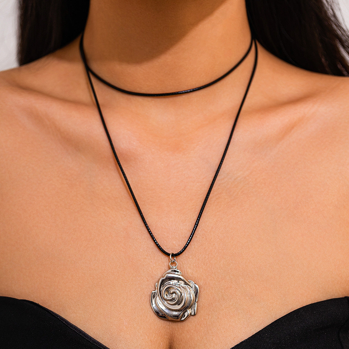 Hip-hop Geometric Hollow Out Alloy Plated Pendant Necklace with Wax Cord for Women