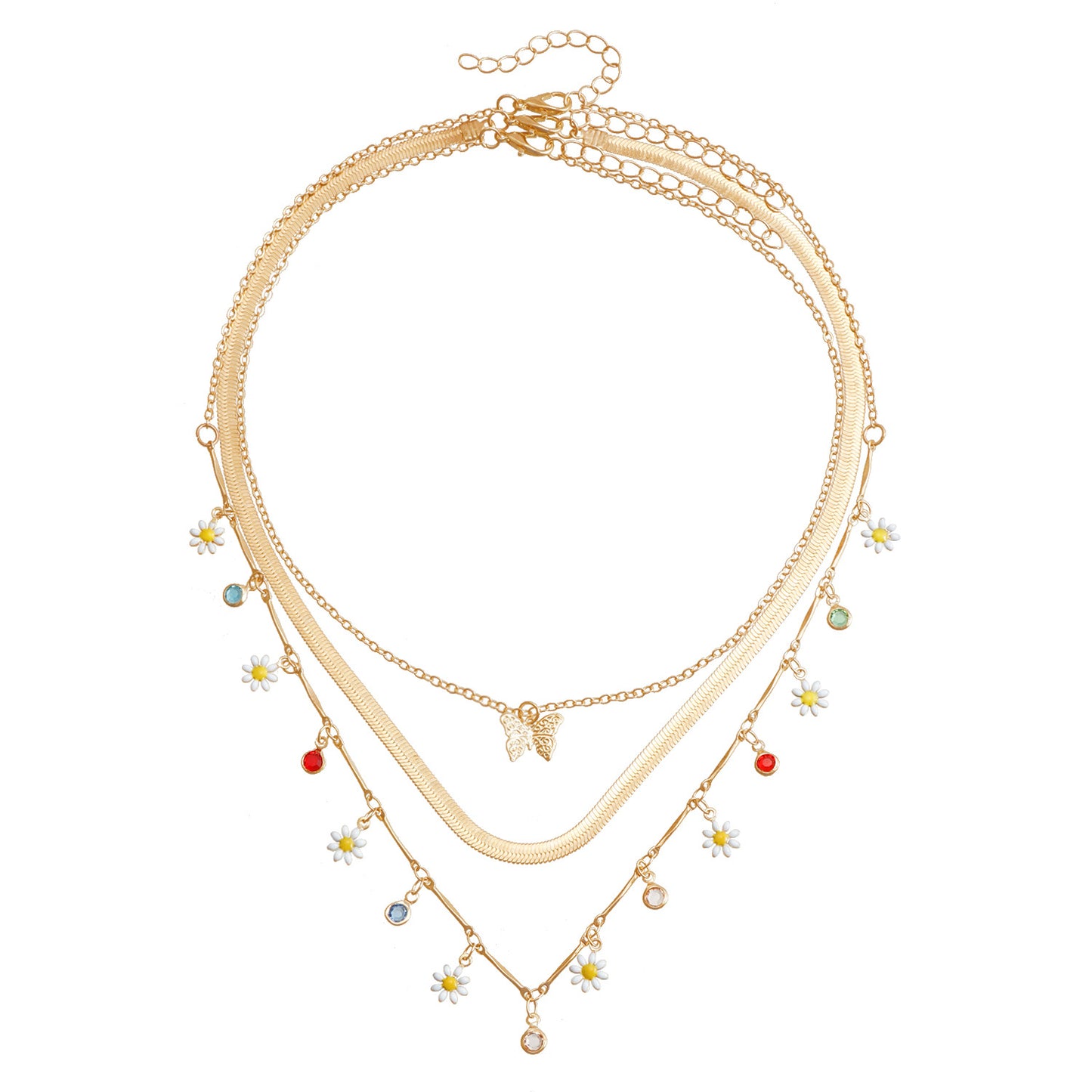 Floral Butterfly Pendant Necklace with Rhinestone Accents on Snake Chain for Women, Fashionable Layered Collarbone Necklace in Alloy with Plating Finish