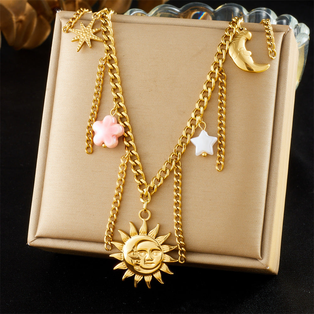 Fashion Gold Plated Stainless Steel Sun Moon Star Tassel Pink Floral Pendant Necklace Serpentine Chain