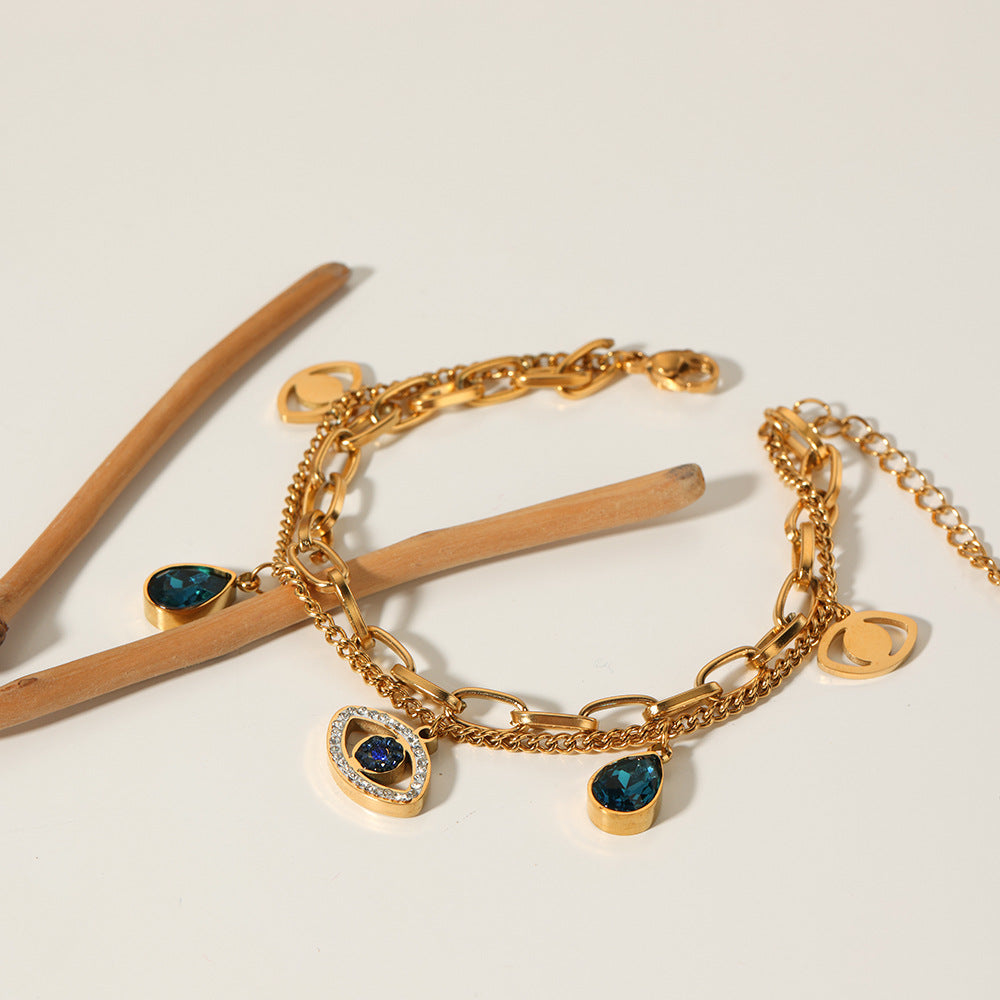 Geometric Evil Eye Double Layer Bracelet for Women and Men in Stainless Steel with 18K Vacuum Plating and Zircon Inlay