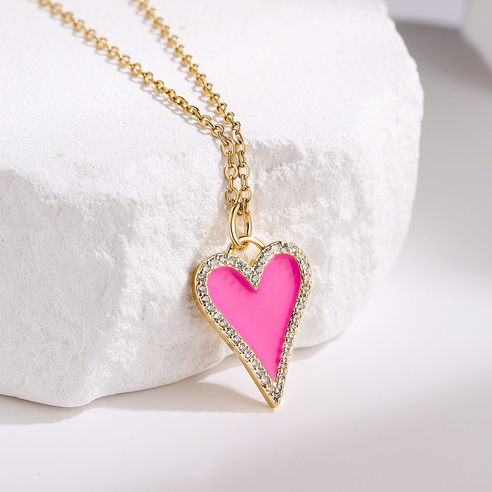 Minimalist Heart-Shaped Enamel Pendant Necklace for Women with Copper Base and Micro-Paved Zirconia