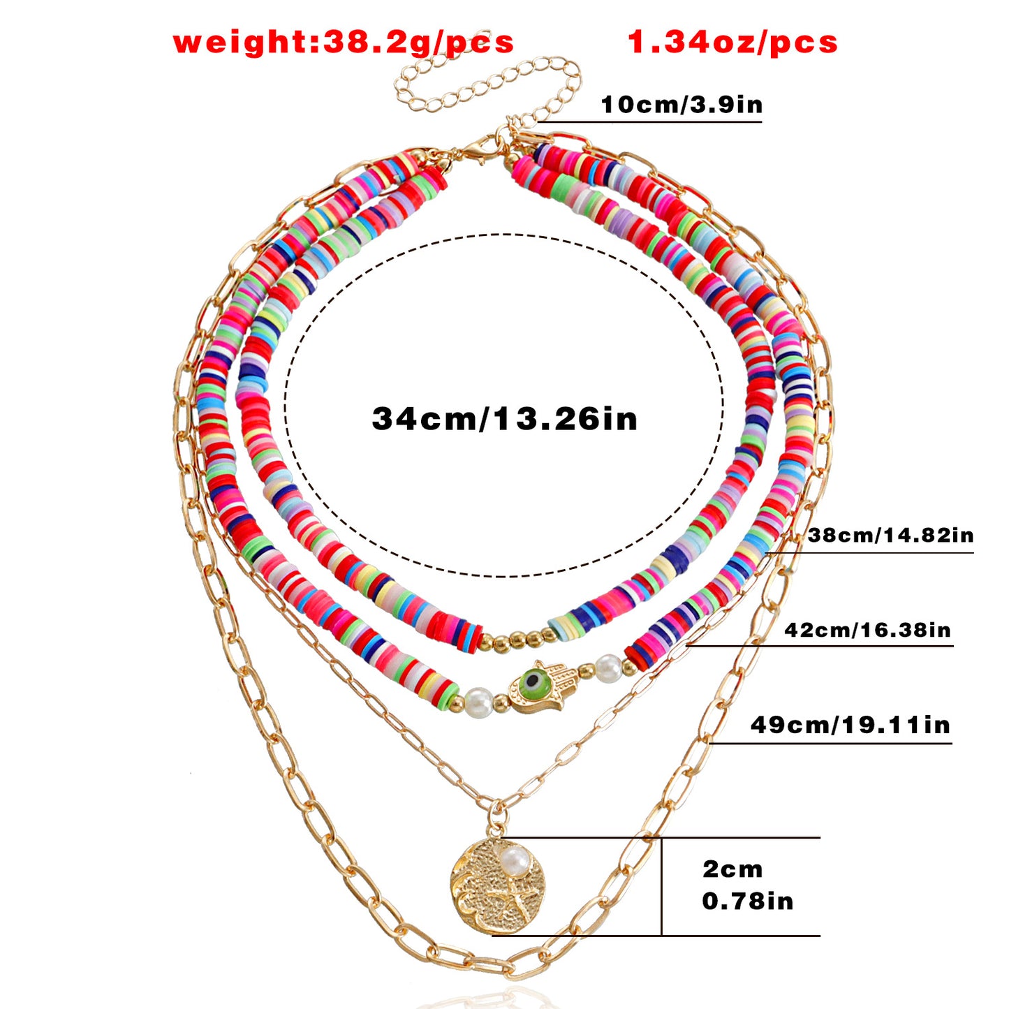 Bohemian Multilayer Polymer Clay Evil Eye Necklace for Women with Geometric Pendant, Alloy Chain, Electroplated Finish
