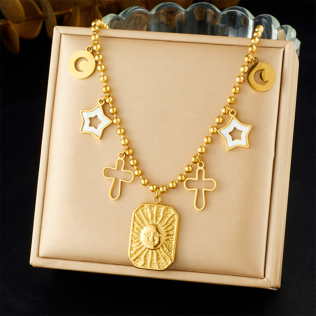 Vintage Chic Gold Plated Stainless Steel Heart Floral Cross Square Pendant Necklace for Women