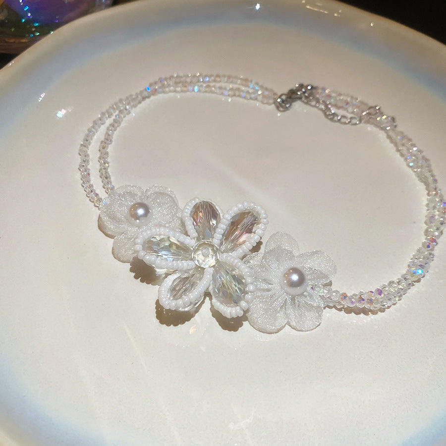 Elegante Collana Floreale da Donna in Acciaio Inossidabile con Perline di Cristallo e Finitura Placcata, Delicata Catena alla Clavicola